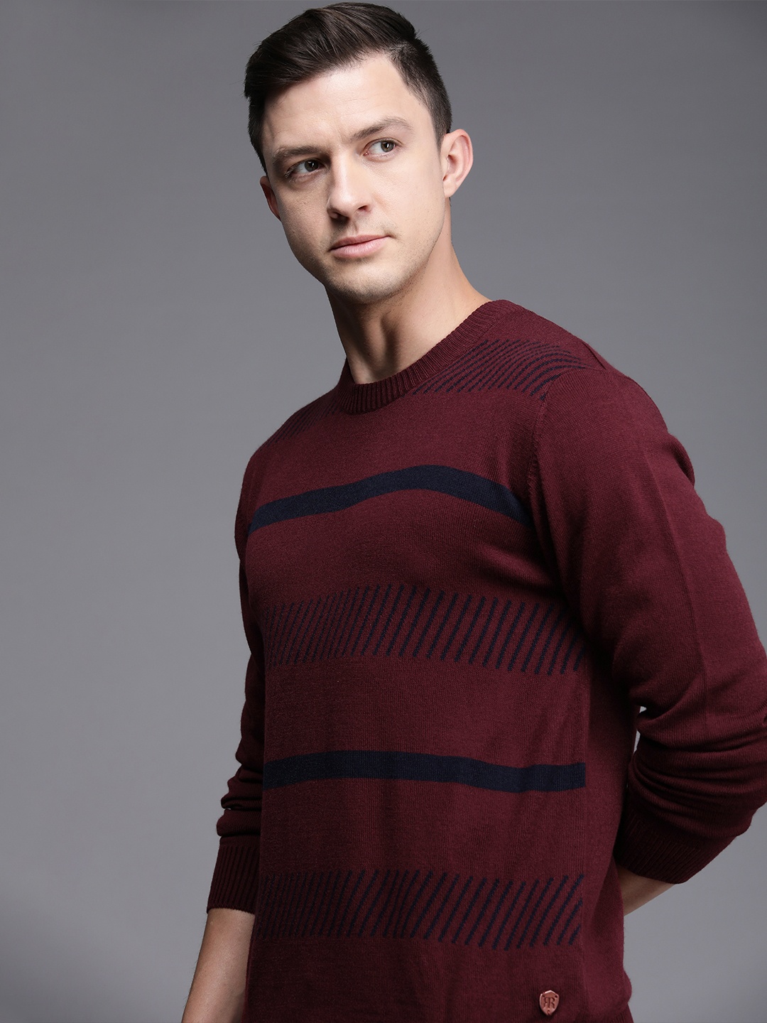 

Raymond Men Maroon & Navy Blue Striped Pullover