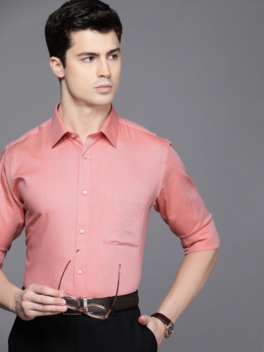 

Raymond Men Pure Cotton Slim Fit Solid Cutaway Collar Formal Shirt, Coral