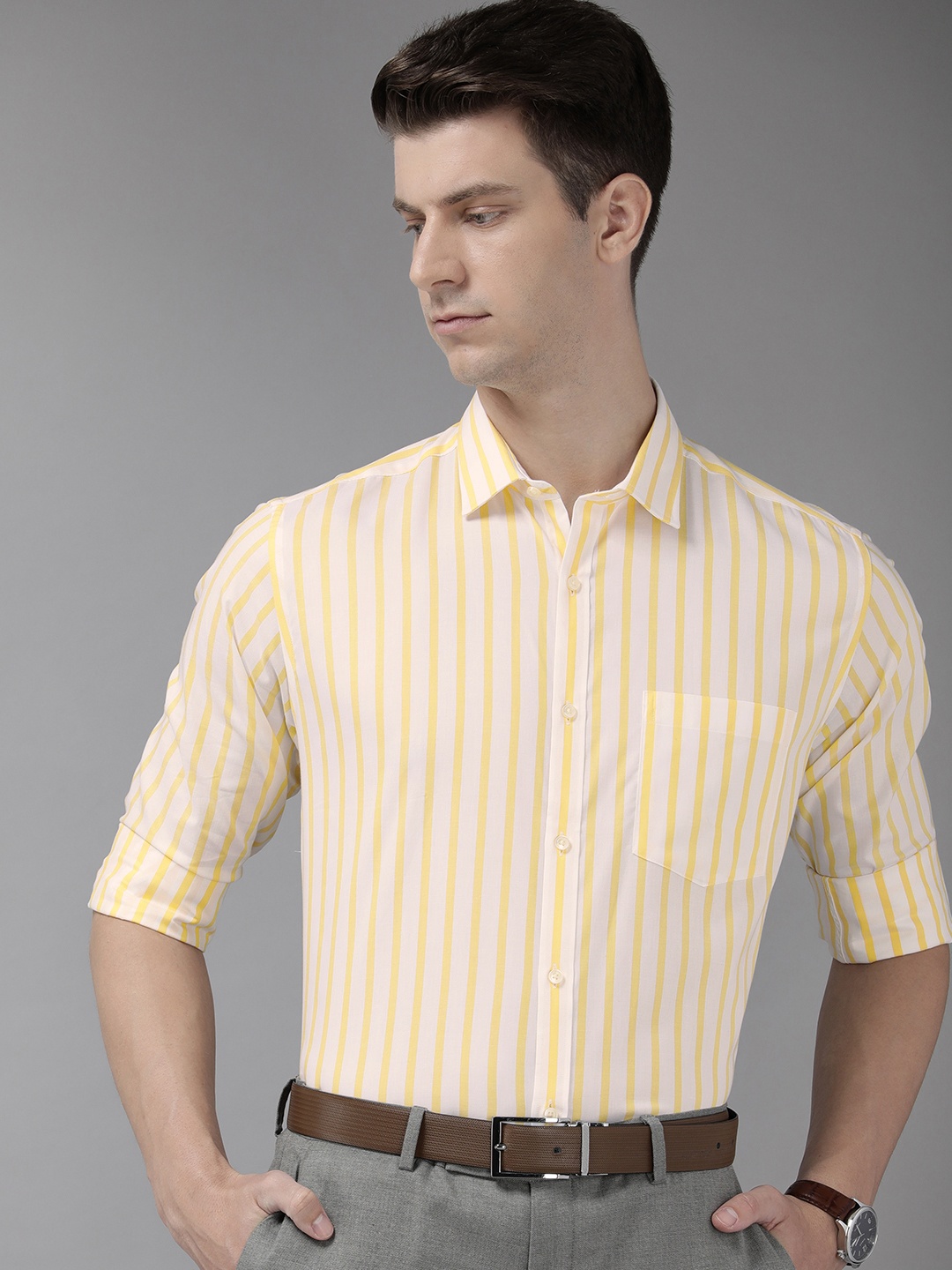 

Park Avenue Pure Cotton Slim Fit Striped Formal Shirt, Yellow