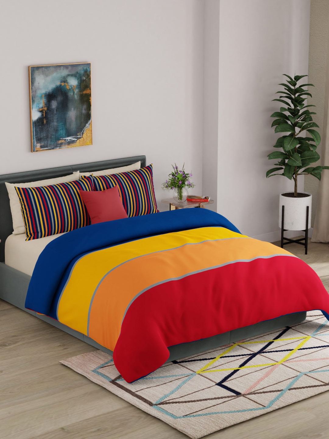 

United Colors of Benetton Rainbow Pure Cotton Super King Bedsheet with 2 Pillow Covers, Red