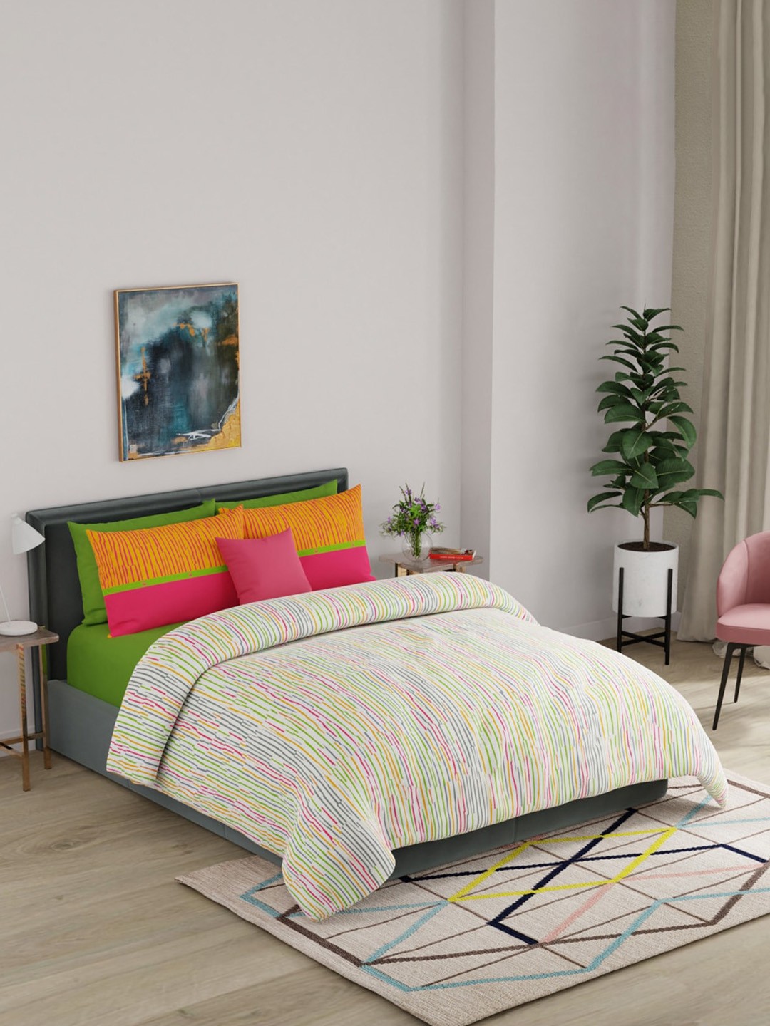 

United Colors of Benetton Rainbow Pure Cotton King Bedsheet with 2 Pillow Covers, White