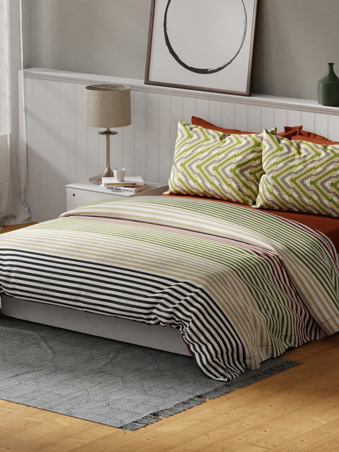 

United Colors of Benetton Safari Pure Cotton Striped King Bedsheet with 2 Pillow Covers, White