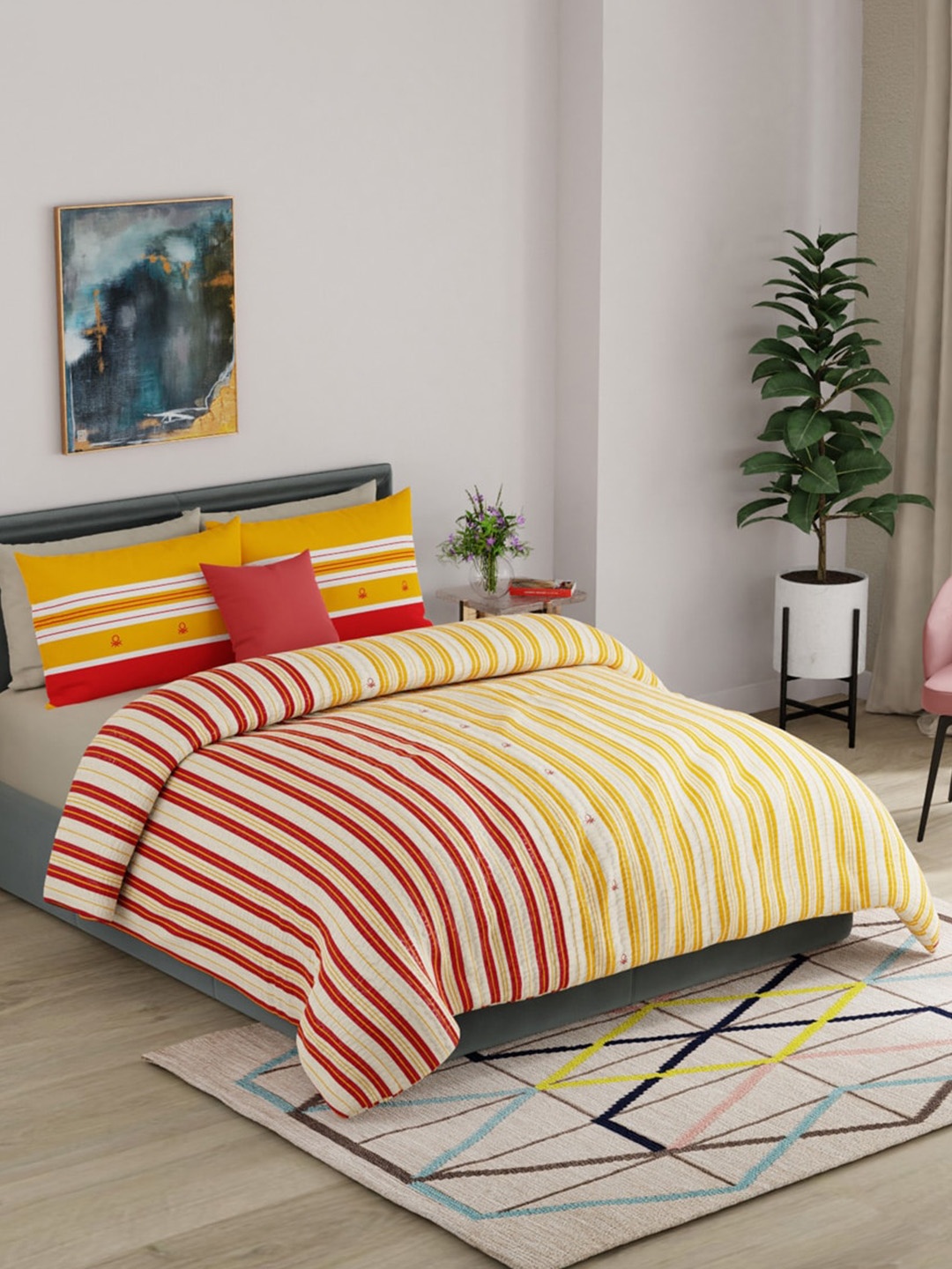 

United Colors of Benetton Rainbow Pure Cotton Striped King Bedsheet with 2 Pillow Covers, Yellow
