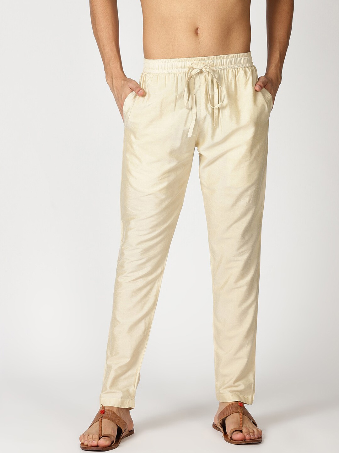 Saffron Threads Men Beige Solid Woven Pyjamas