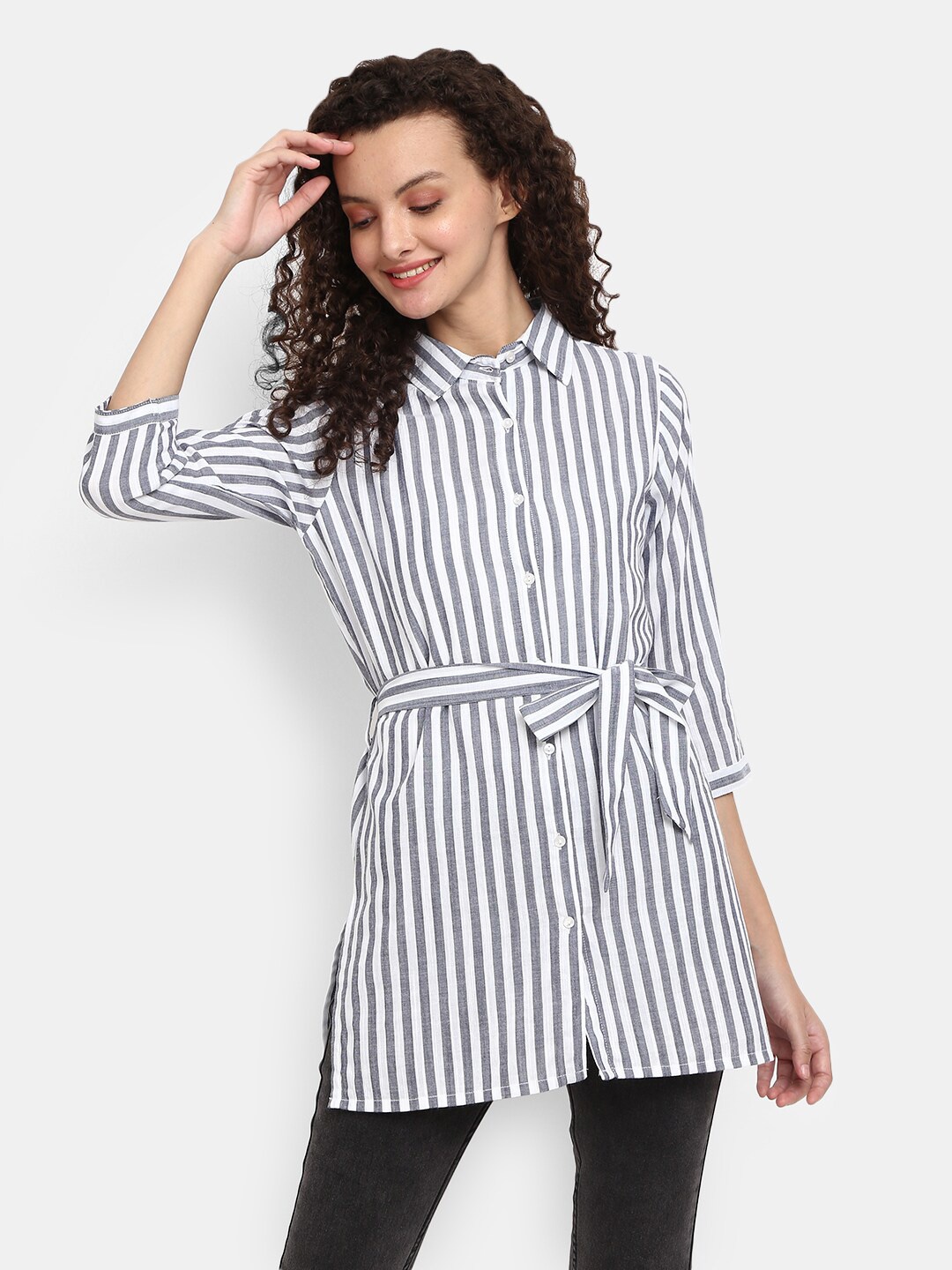 

V-Mart Women Grey Vertical Striped Cotton Casual Shirt