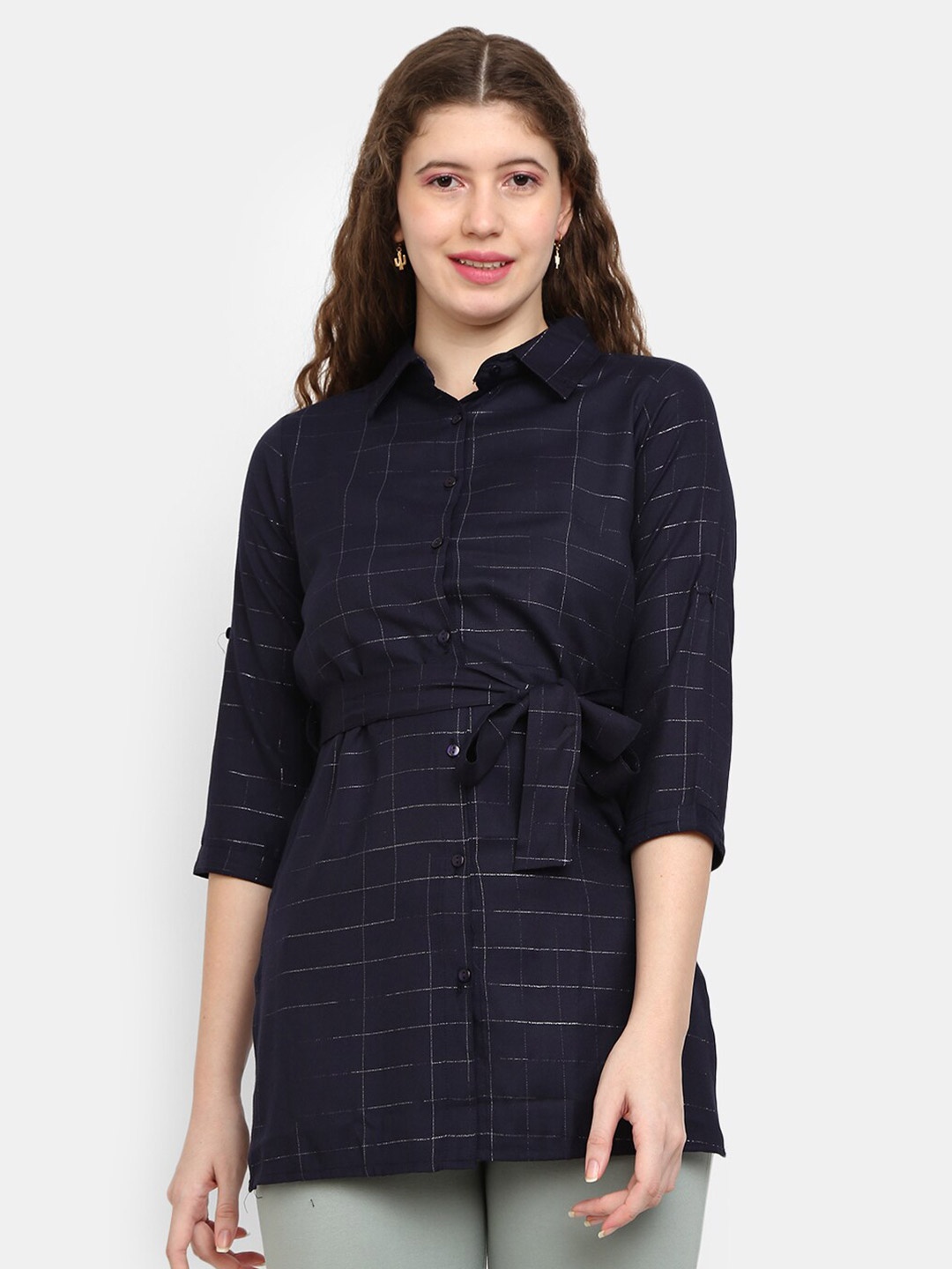 

V-Mart Women Navy Blue Windowpane Checks Checked Casual Shirt