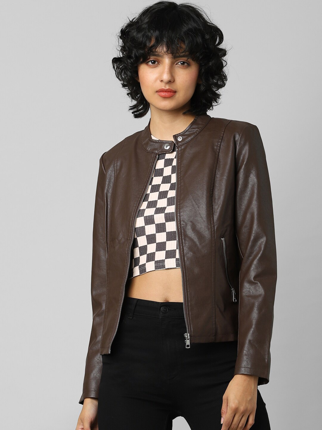 

ONLY Women Brown Crop Leather Jacket