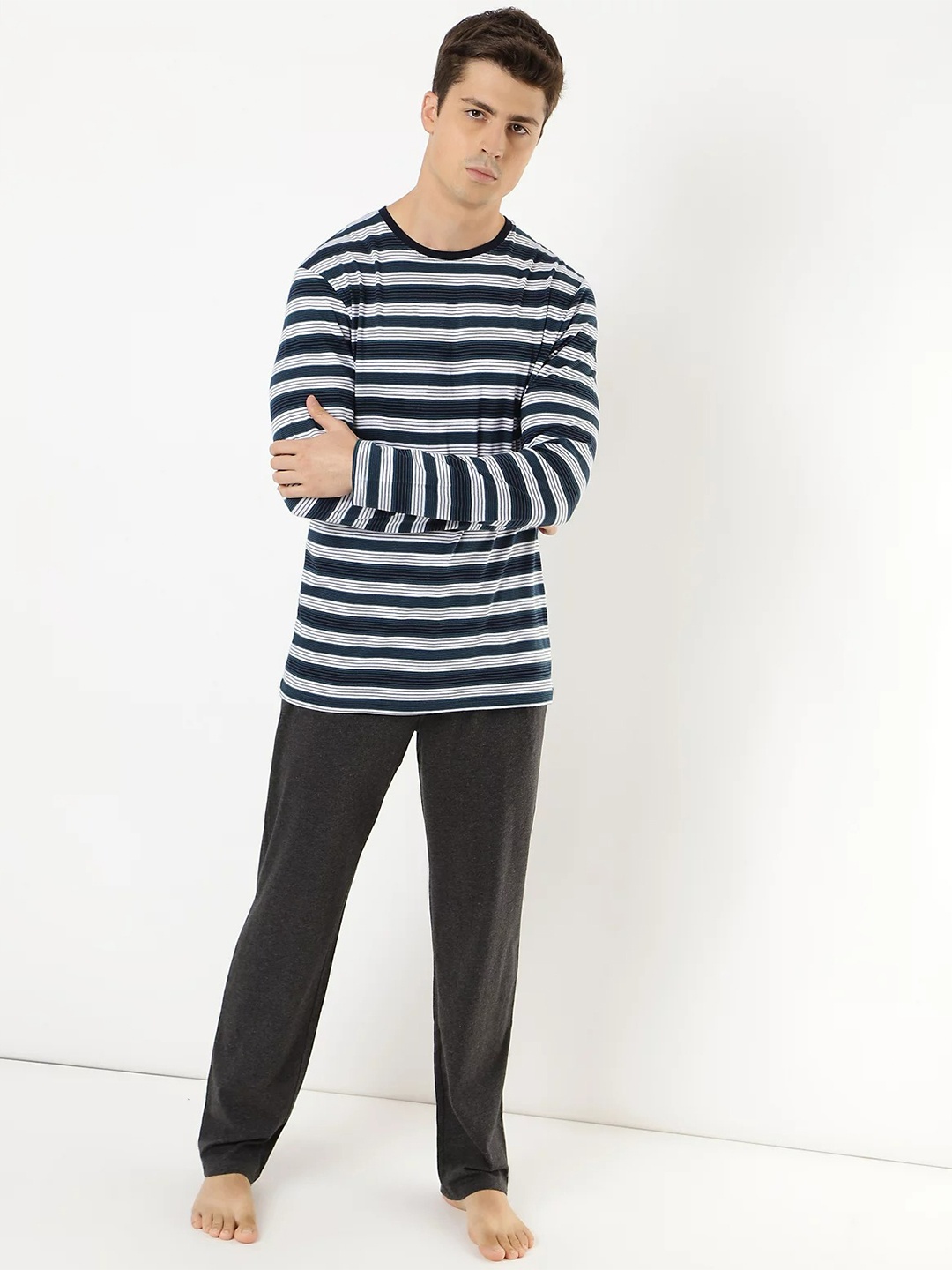 

Marks & Spencer Men Pure Cotton Striped Night suit, Teal