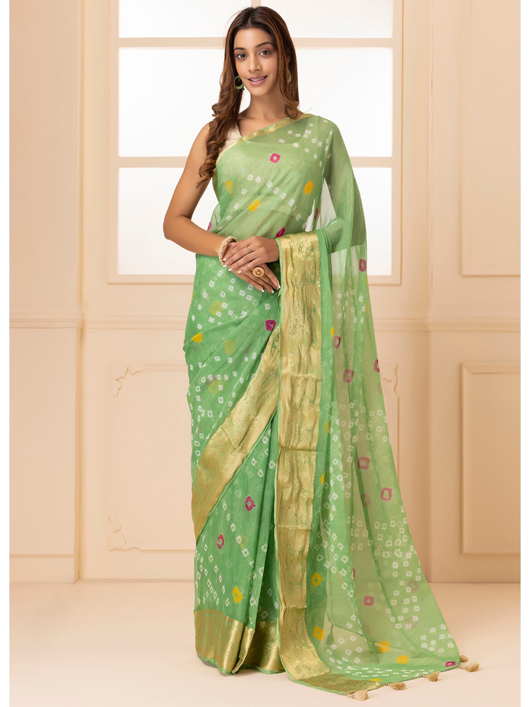 

Mitera Green & Red Bandhani Zari Bandhani Saree