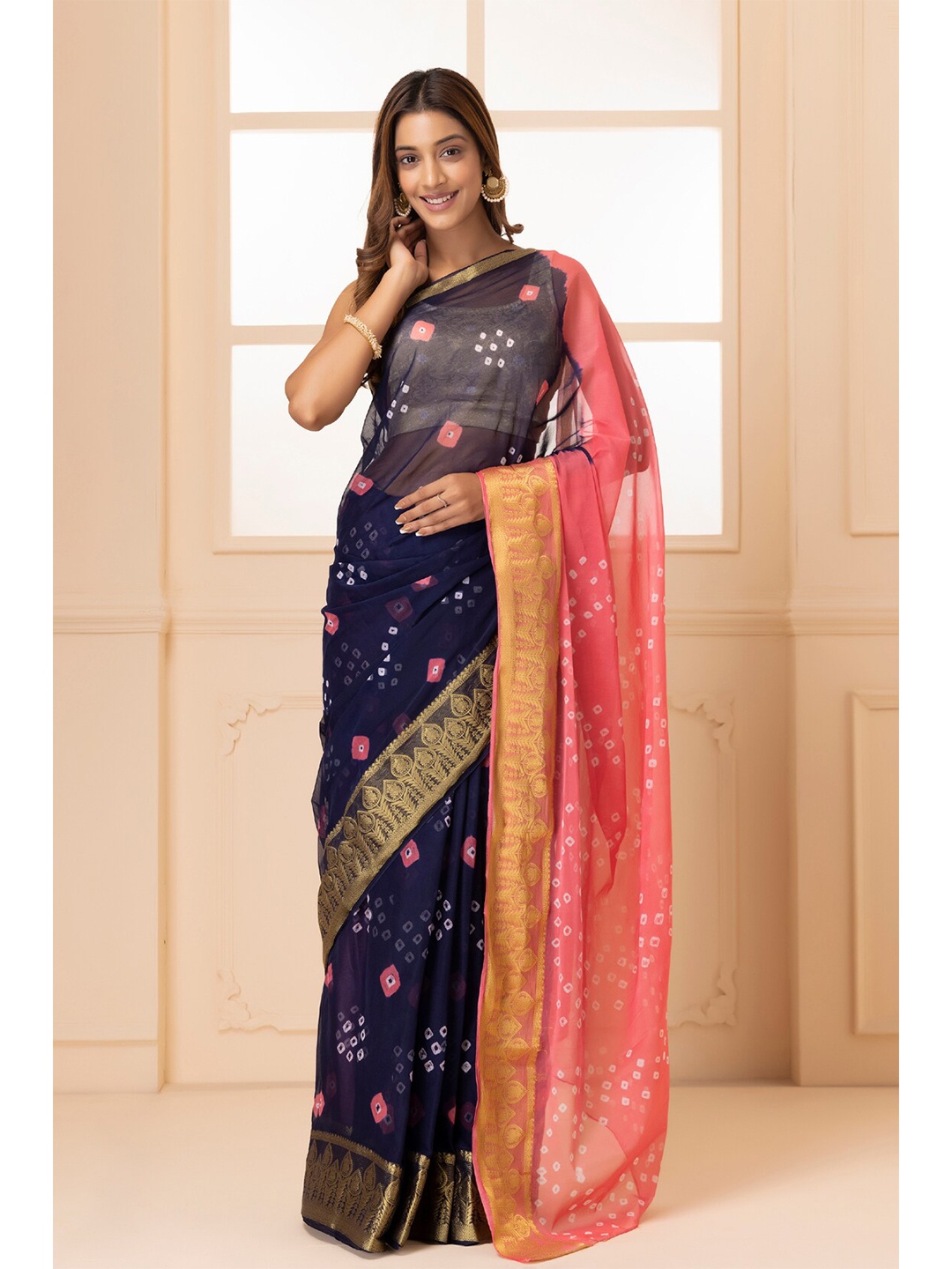 

Geroo Jaipur Navy Blue & Pink Bandhani Zari Bandhani Saree