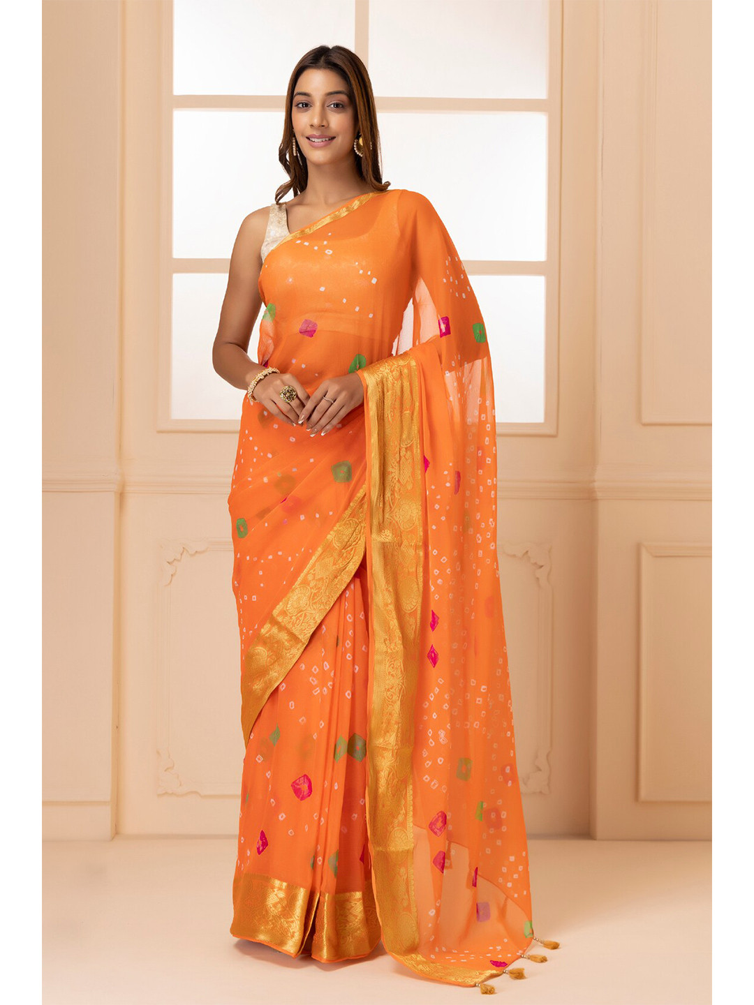 

Mitera Orange & Green Bandhani Zari Bandhani Saree
