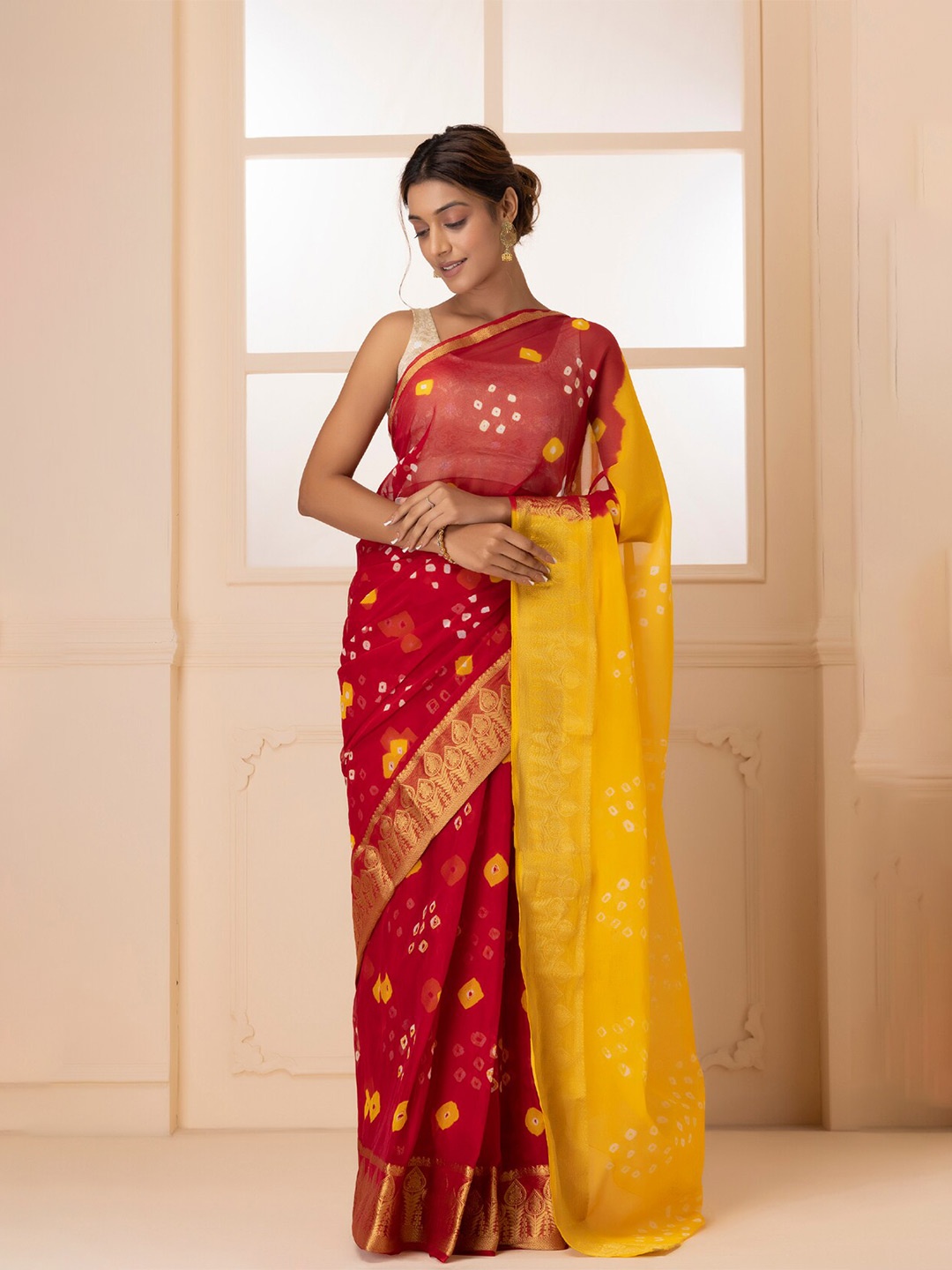 

Geroo Jaipur Yellow & Red Zari Bandhani Saree