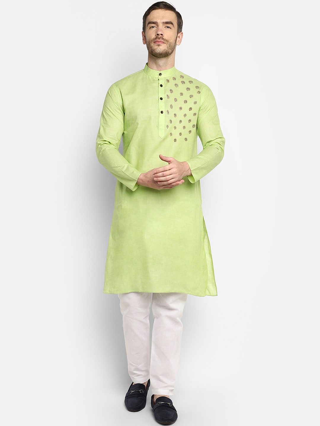 

DEVOILER Men Lime Green Yoke Design Kurta