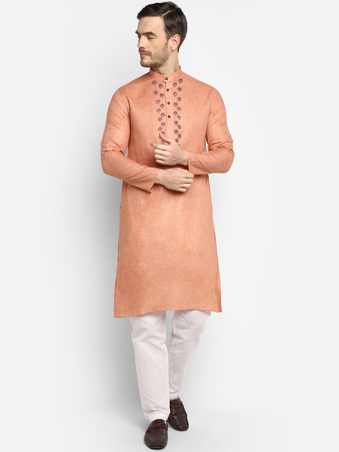 DEVOILER Men Nude-Coloured Yoke Design Kurta
