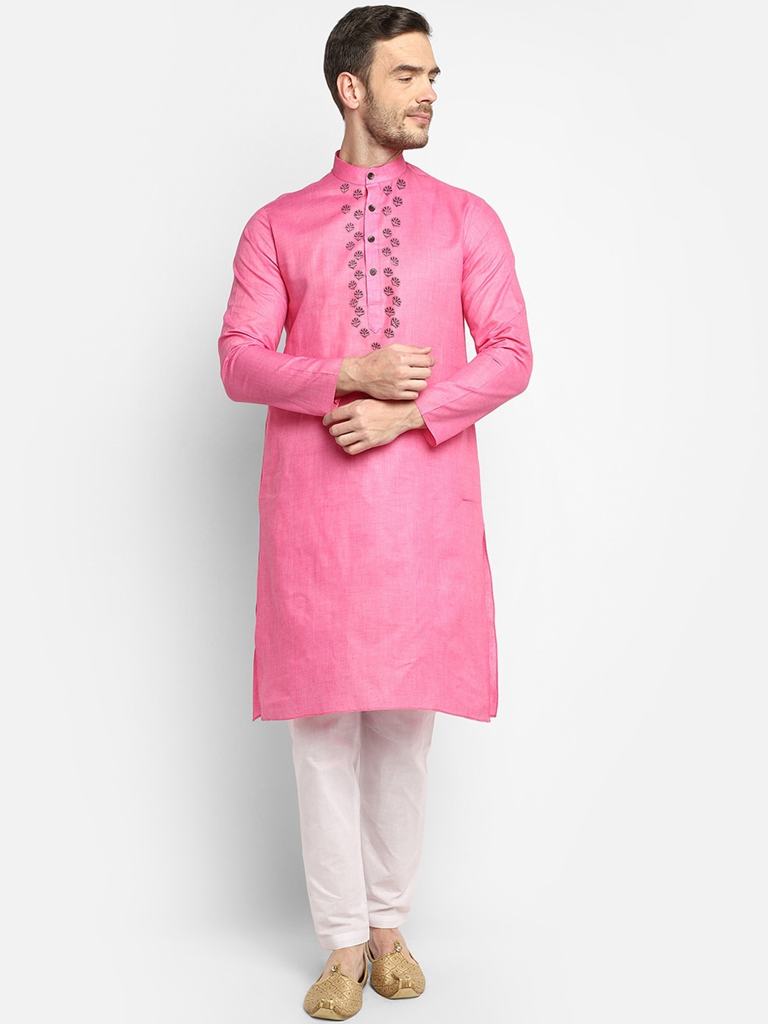 

DEVOILER Men Pink Yoke Design Thread Work Kurta