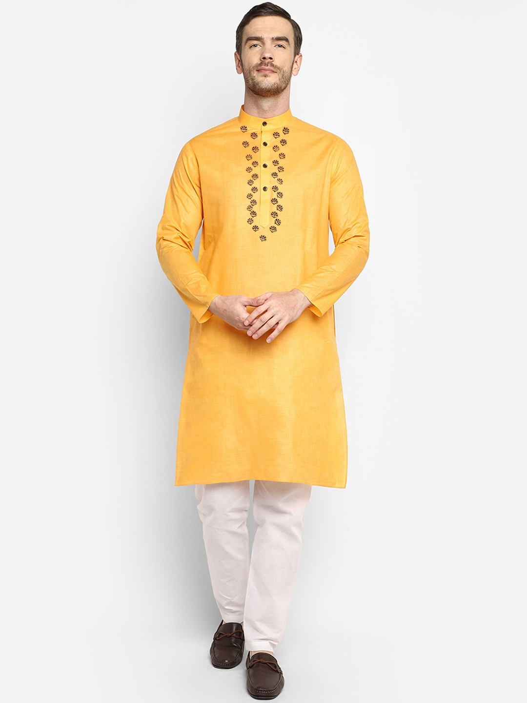 DEVOILER Men Mustard Yellow Straight Kurta