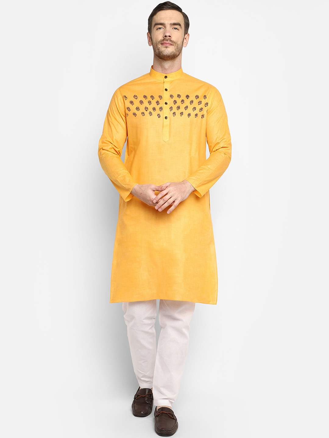 

DEVOILER Men Mustard Yellow & Black Ethnic Motifs Kurta