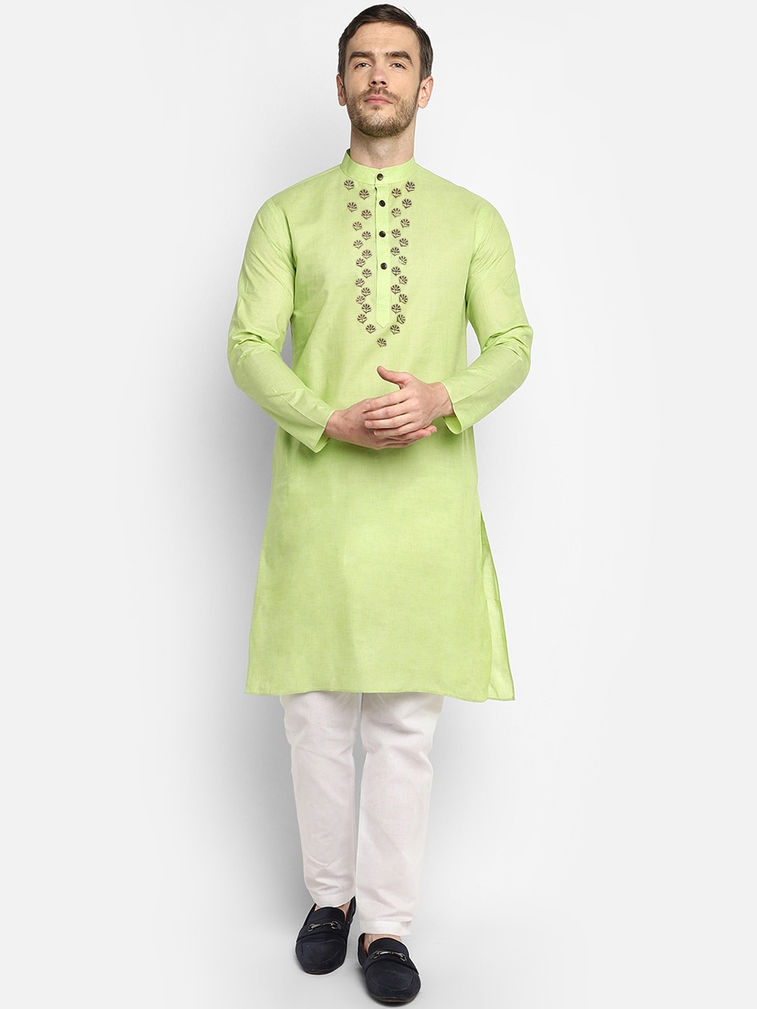 

DEVOILER Men Lime Green Yoke Design Mandarin Collar Straight Kurta