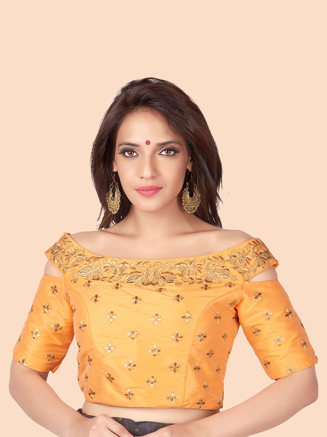 

Neckbook Orange Embroidered Princess Cut Saree Blouse
