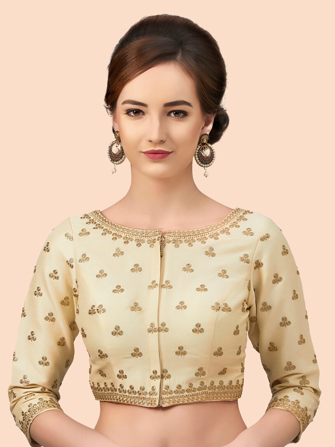 

neckbook Women Cream Colored Embroidered Silk Saree Blouse