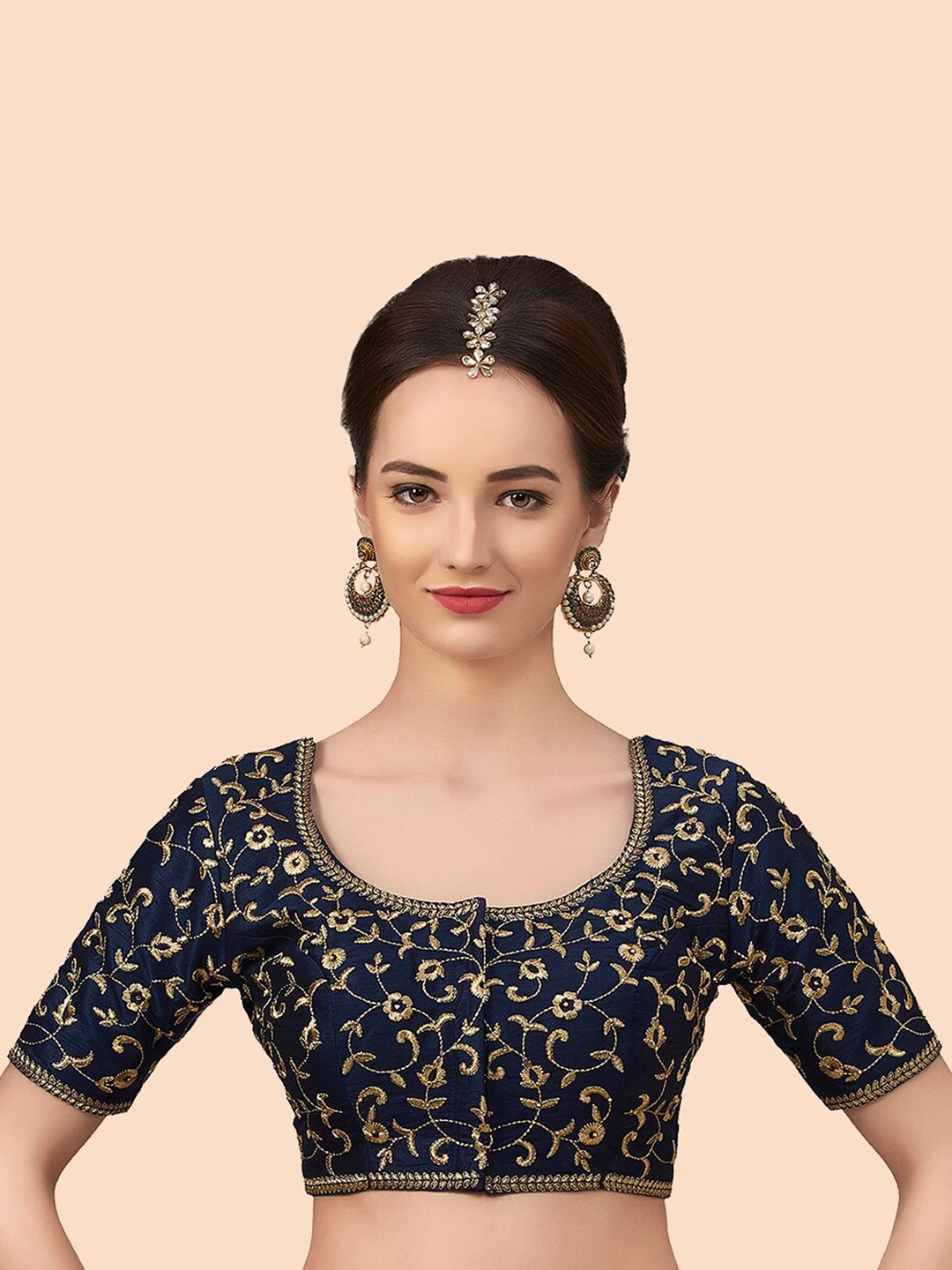 

neckbook Navy Blue Embroidered Saree Blouse
