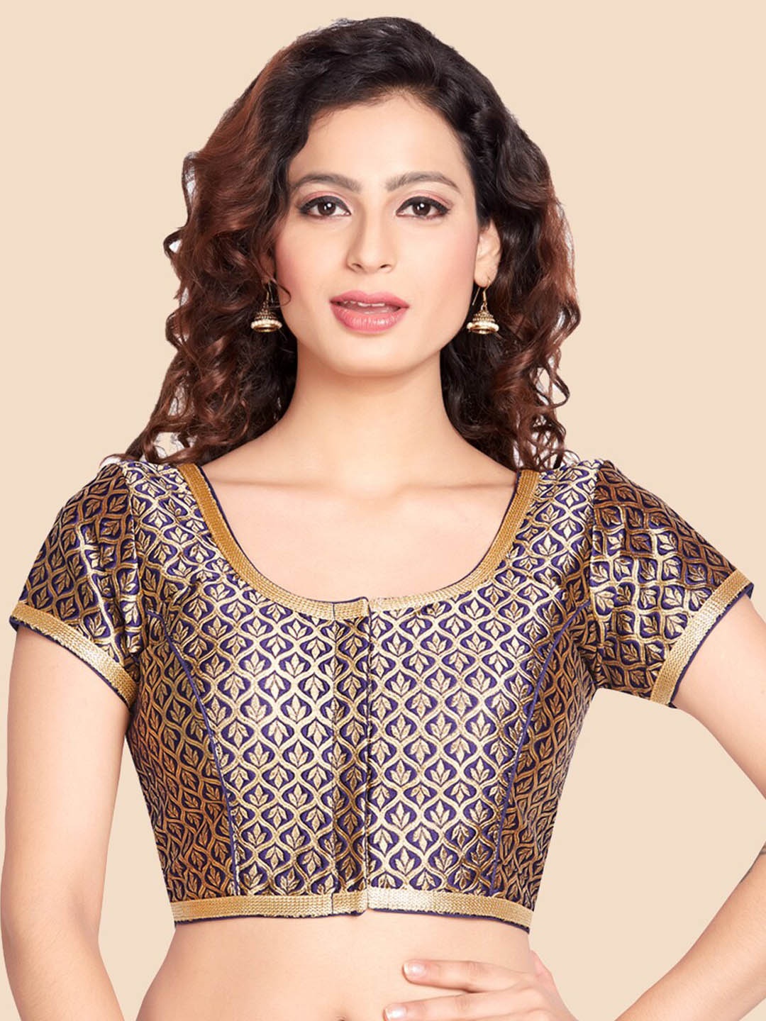 neckbook Navy Blue Woven Design Princess Cut Short Sleeves Saree Blouse