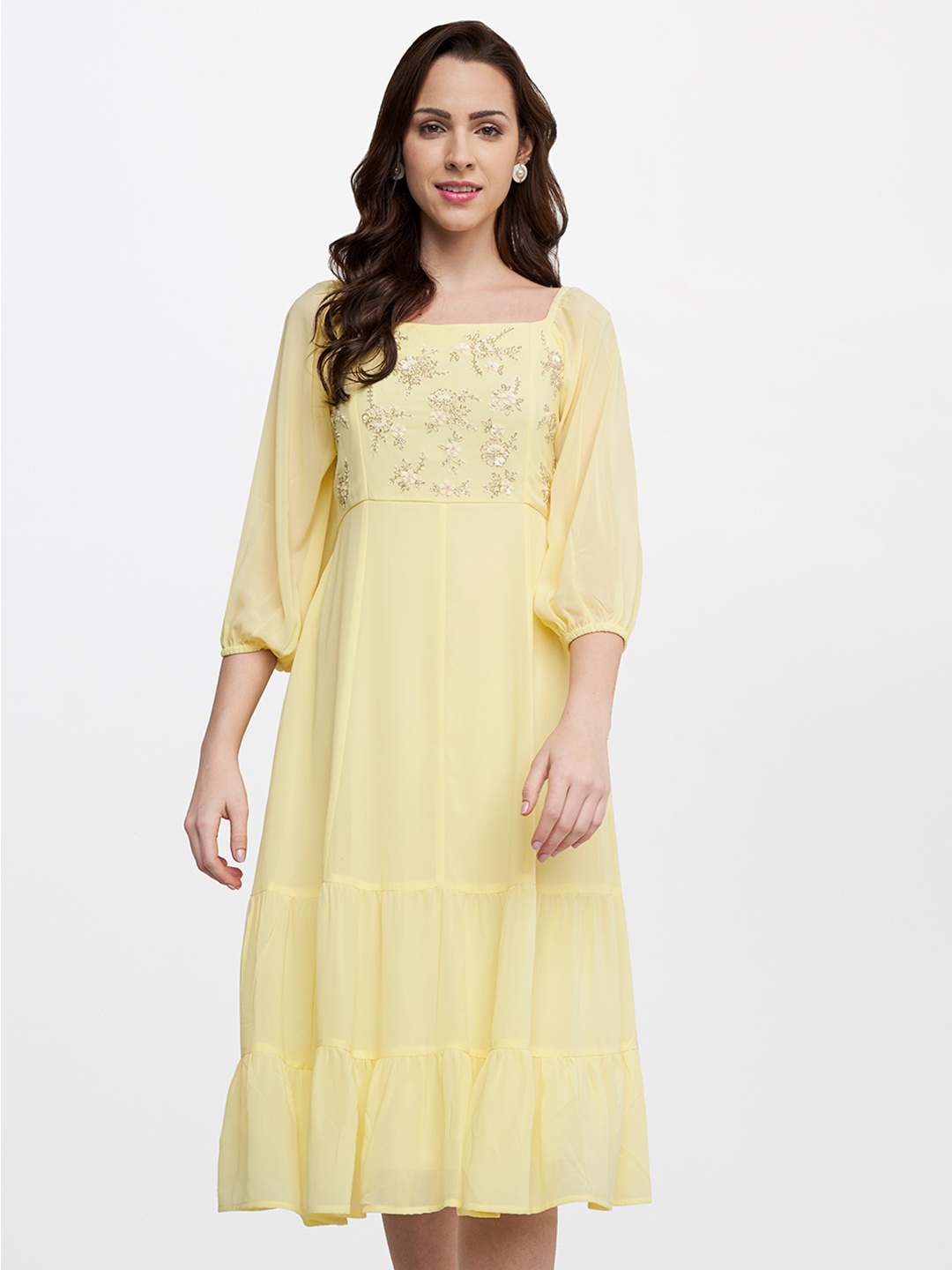 

AND Yellow Embroidered A-Line Midi Dress