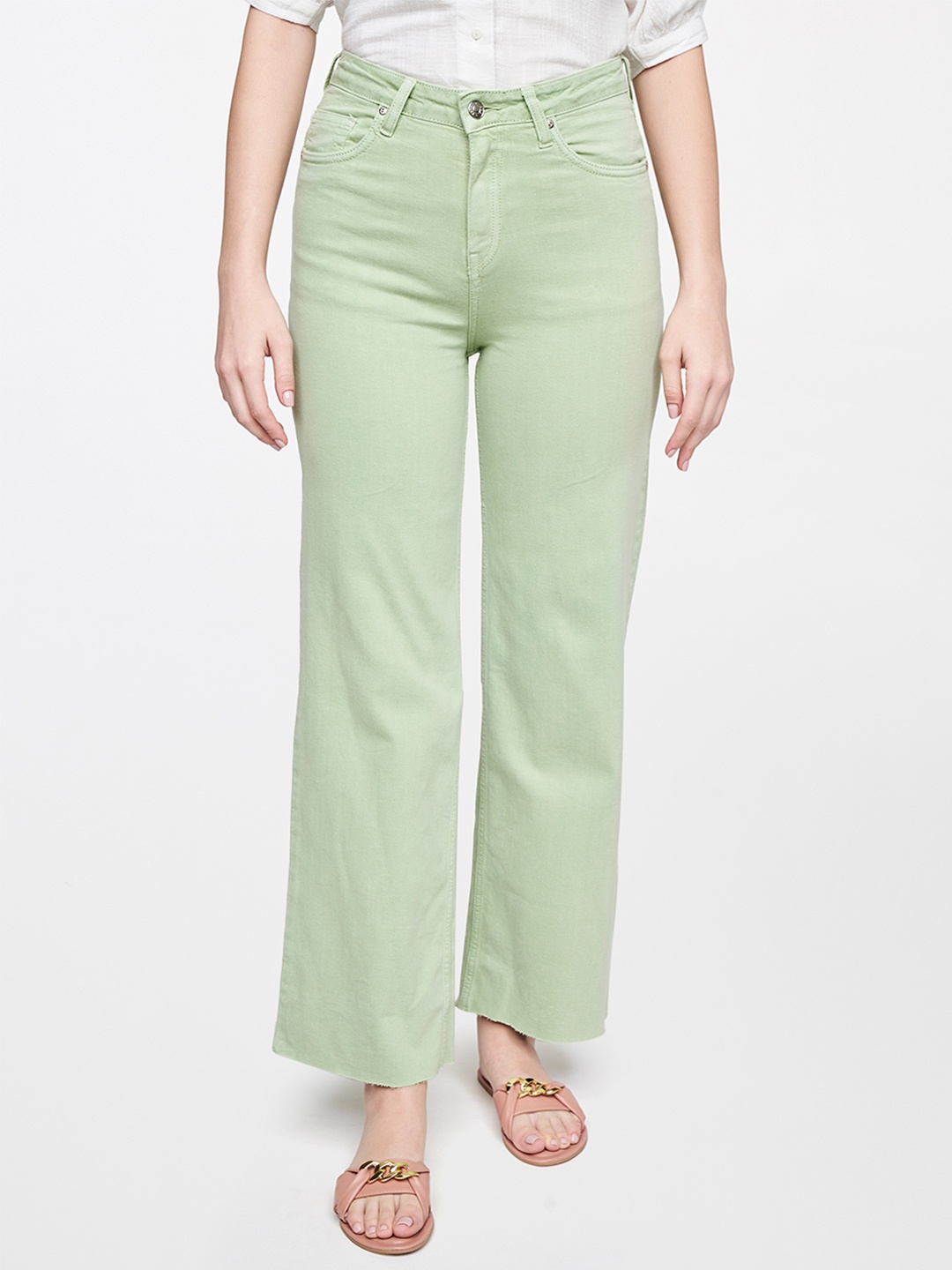 

AND Women Green Flared Coloured High-Rise Jeans