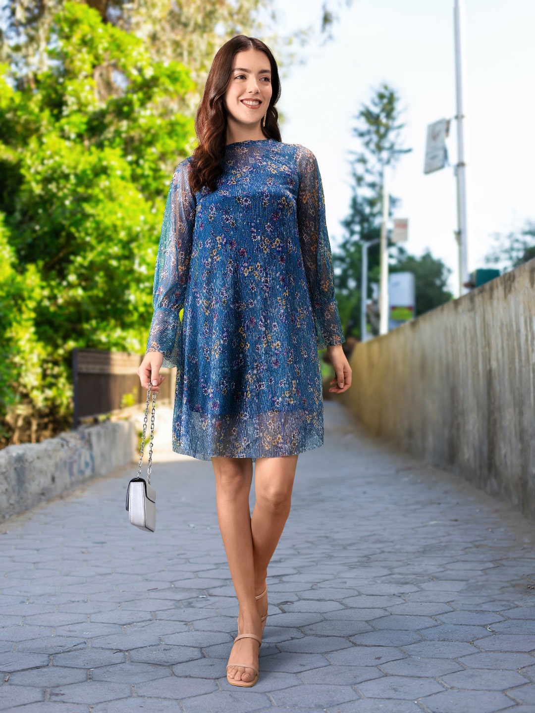 

AND Blue & Yellow Floral Printed A-Line Mini Dress