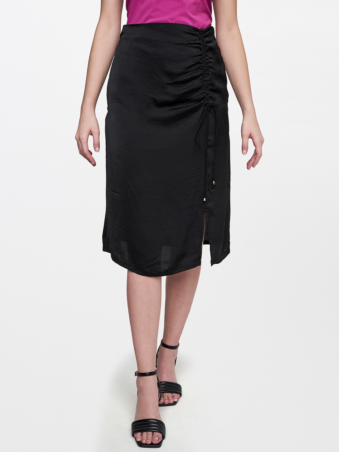 

AND Women Black Solid Above Knee-Length Straight Skirt