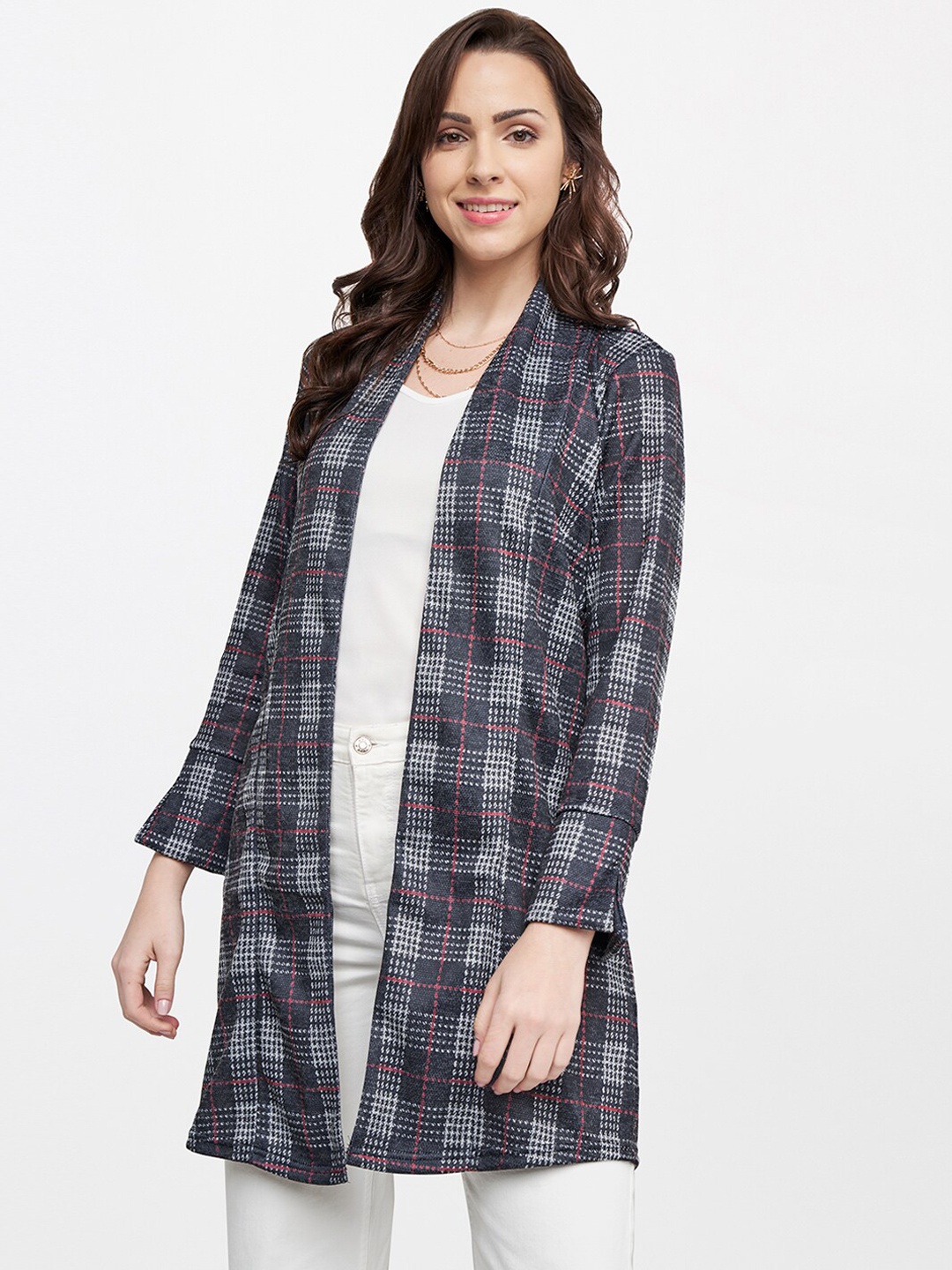 

AND Women Black And White Checked Longline Open Front Jacket