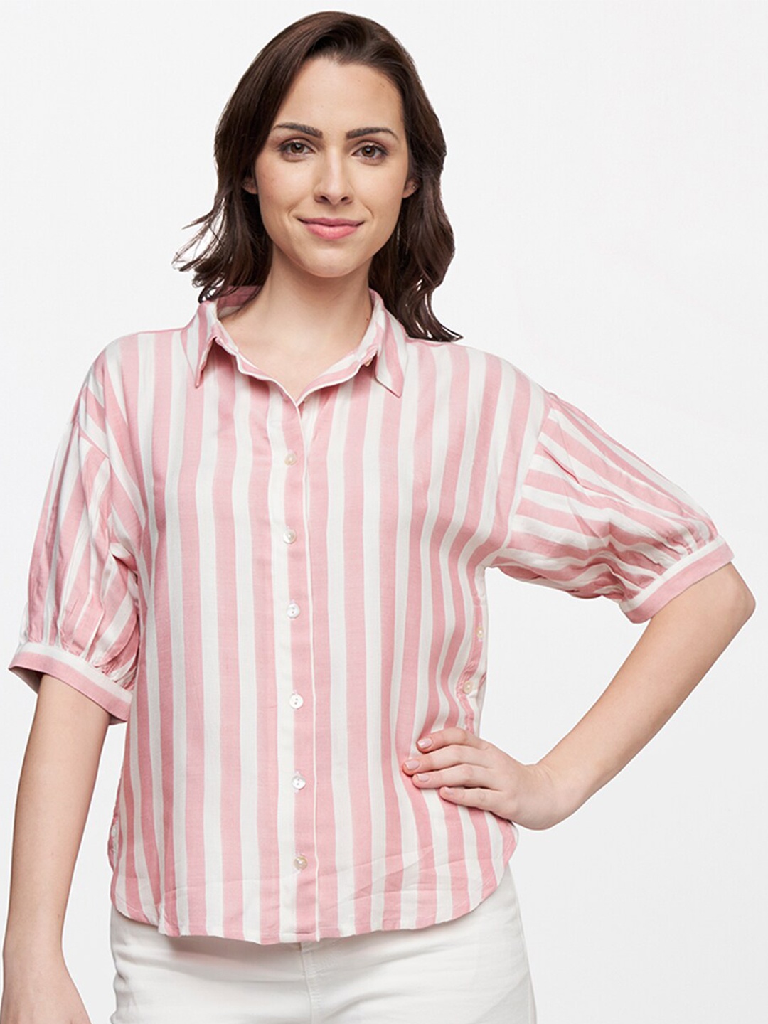 

AND Women Pink & White Striped Shirt Style Top