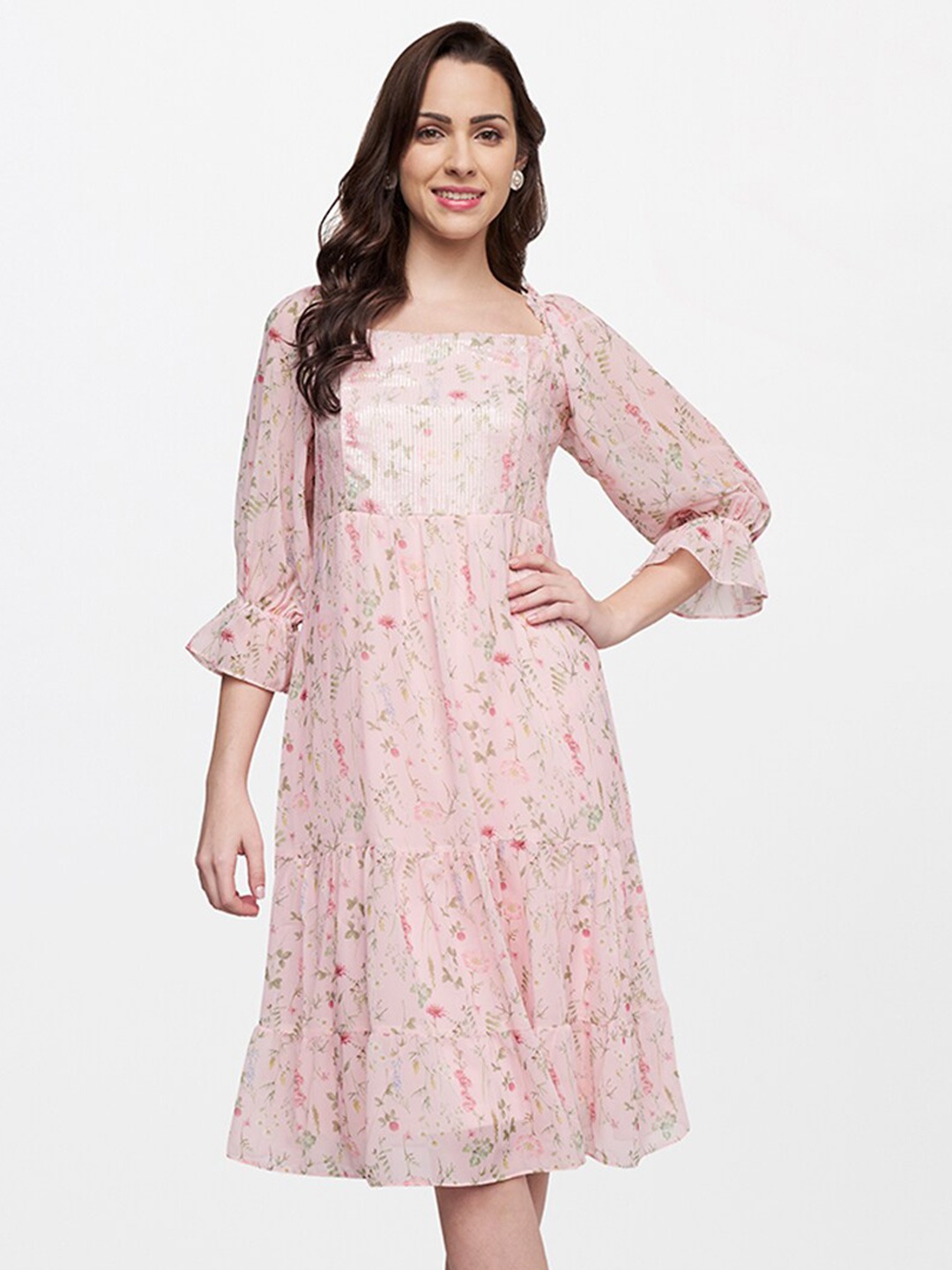 

AND Peach-Coloured Floral Printed A-Line Midi Dress