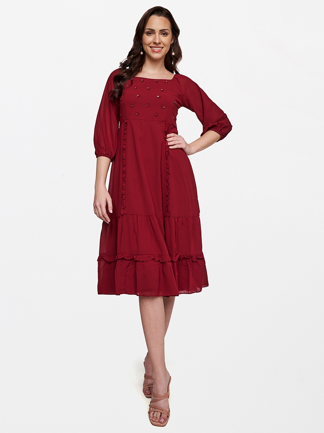 

AND Maroon Embellished A-Line Midi Dress