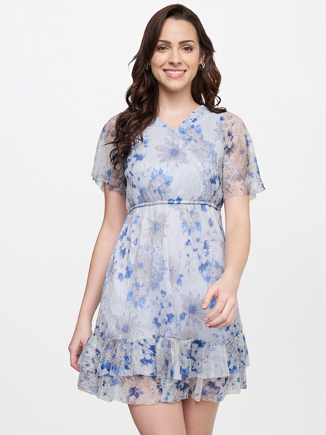 

AND Grey & Blue Floral Printed Mini Dress