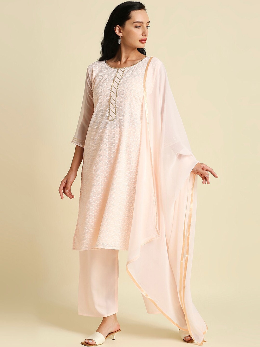 

Aanyor Women Floral Embroidered Chikankari Kurta with Palazzo & With Dupatta, Pink