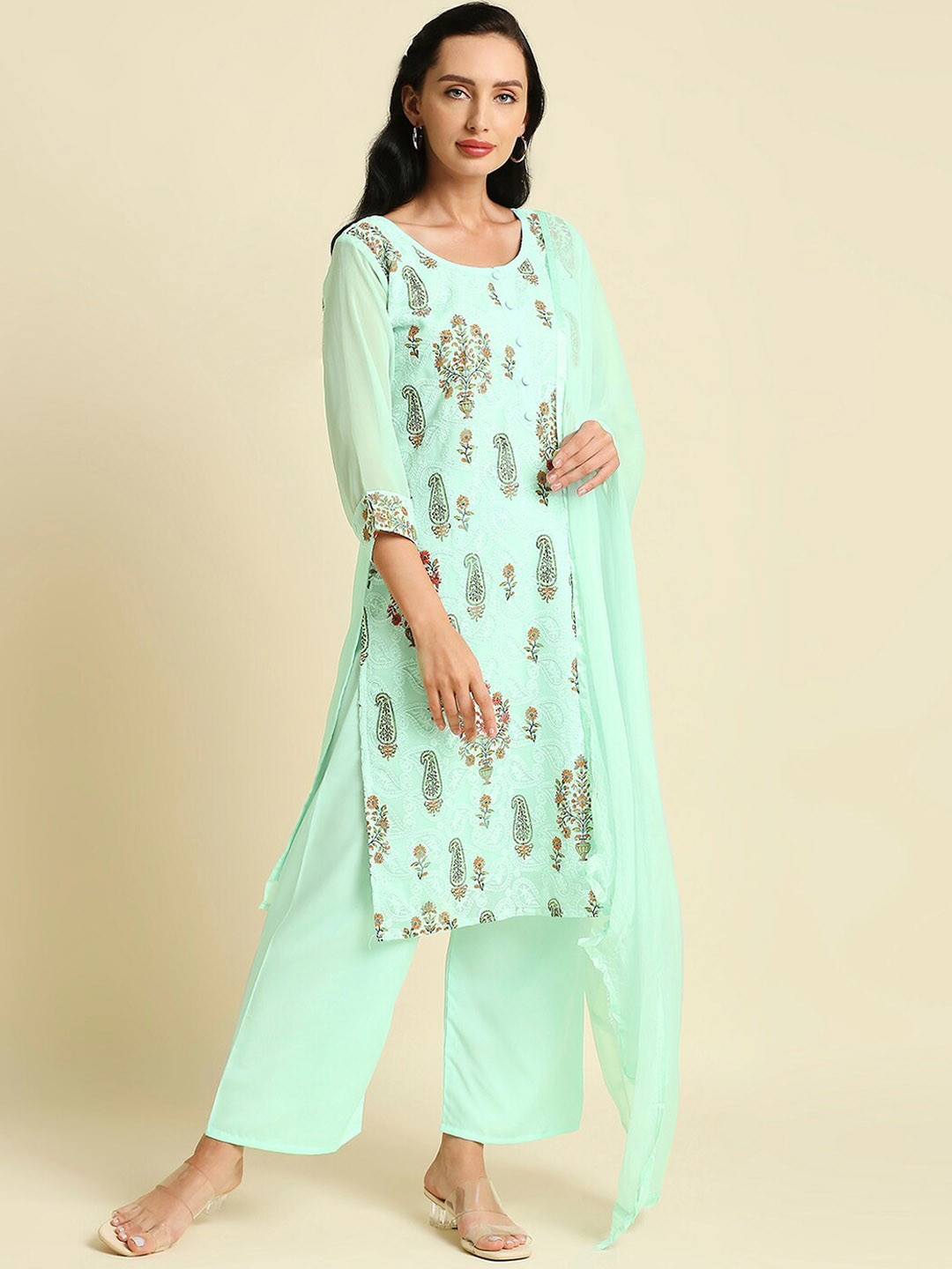 

Aanyor Women Floral Embroidered Panelled Chikankari Kurta with Palazzos & With Dupatta, Green