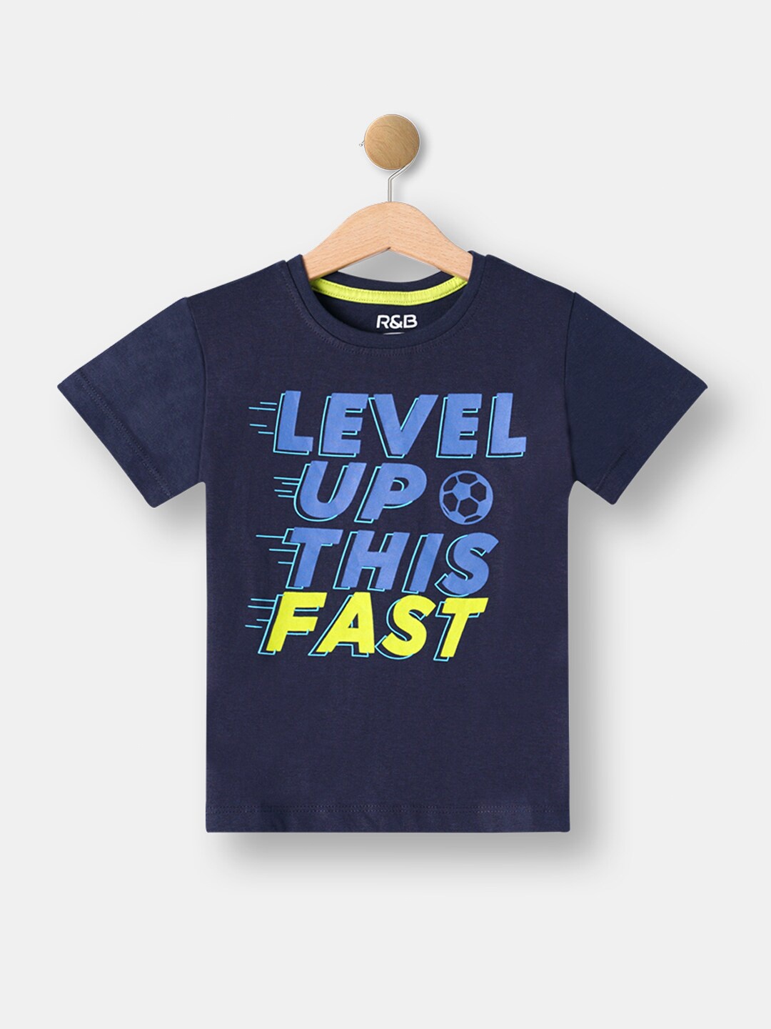 

R&B Boys Navy Blue & Yellow Typography Printed T-shirt