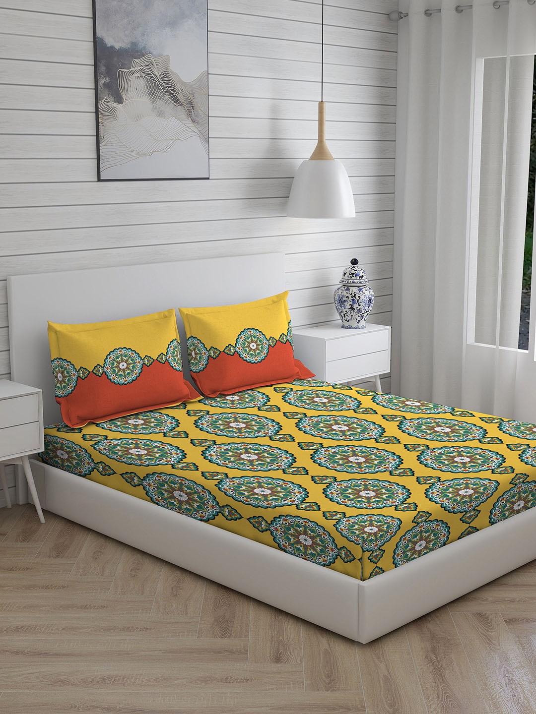 

Layers Floral 110 TC Cotton Queen Bedsheet with 2 Pillow Covers, Yellow
