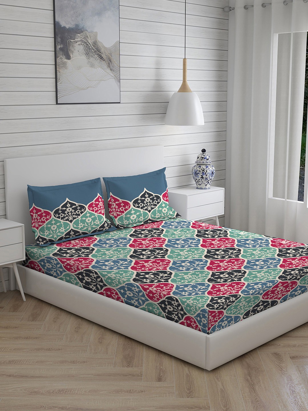 

Layers Ethnic Motifs 110 TC Cotton Queen Bedsheet with 2 Pillow Covers, Blue