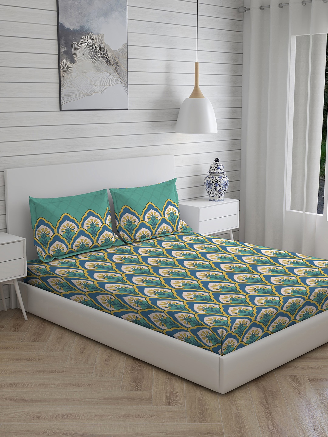 

Layers Ethnic Motifs 110 TC Cotton Queen Bedsheet with 2 Pillow Covers, Blue
