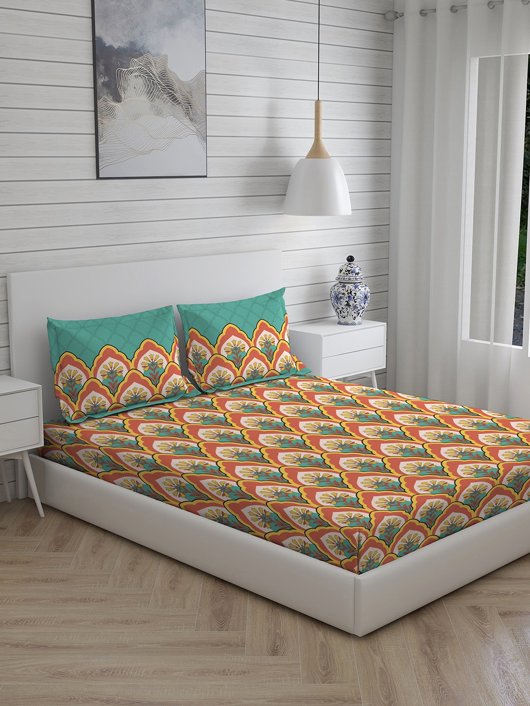 

Layers Ethnic Motifs 110 TC Cotton Queen Bedsheet with 2 Pillow Covers, Orange