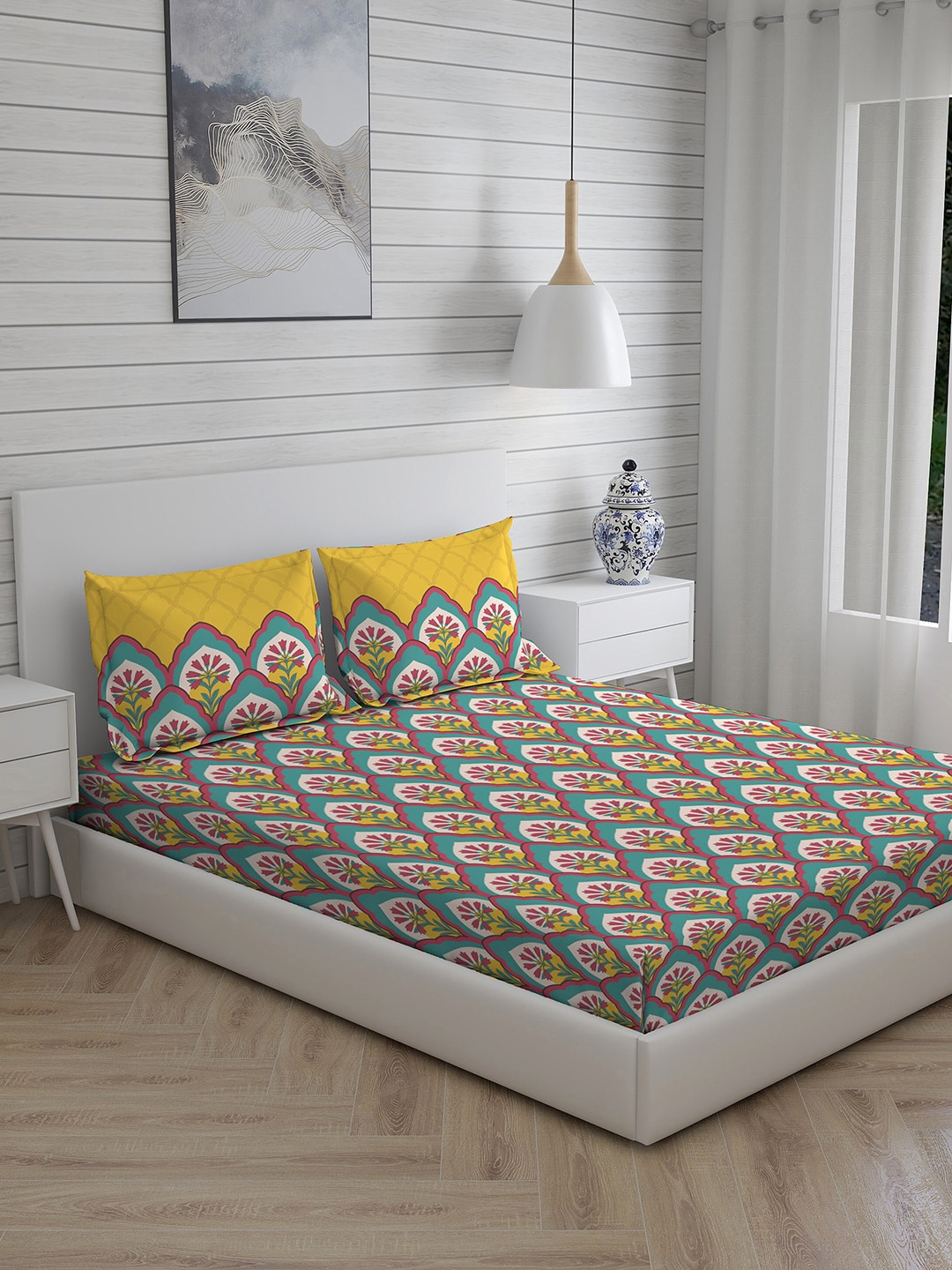 

Layers Ethnic Motifs 110 TC Cotton Queen Bedsheet with 2 Pillow Covers, Mustard