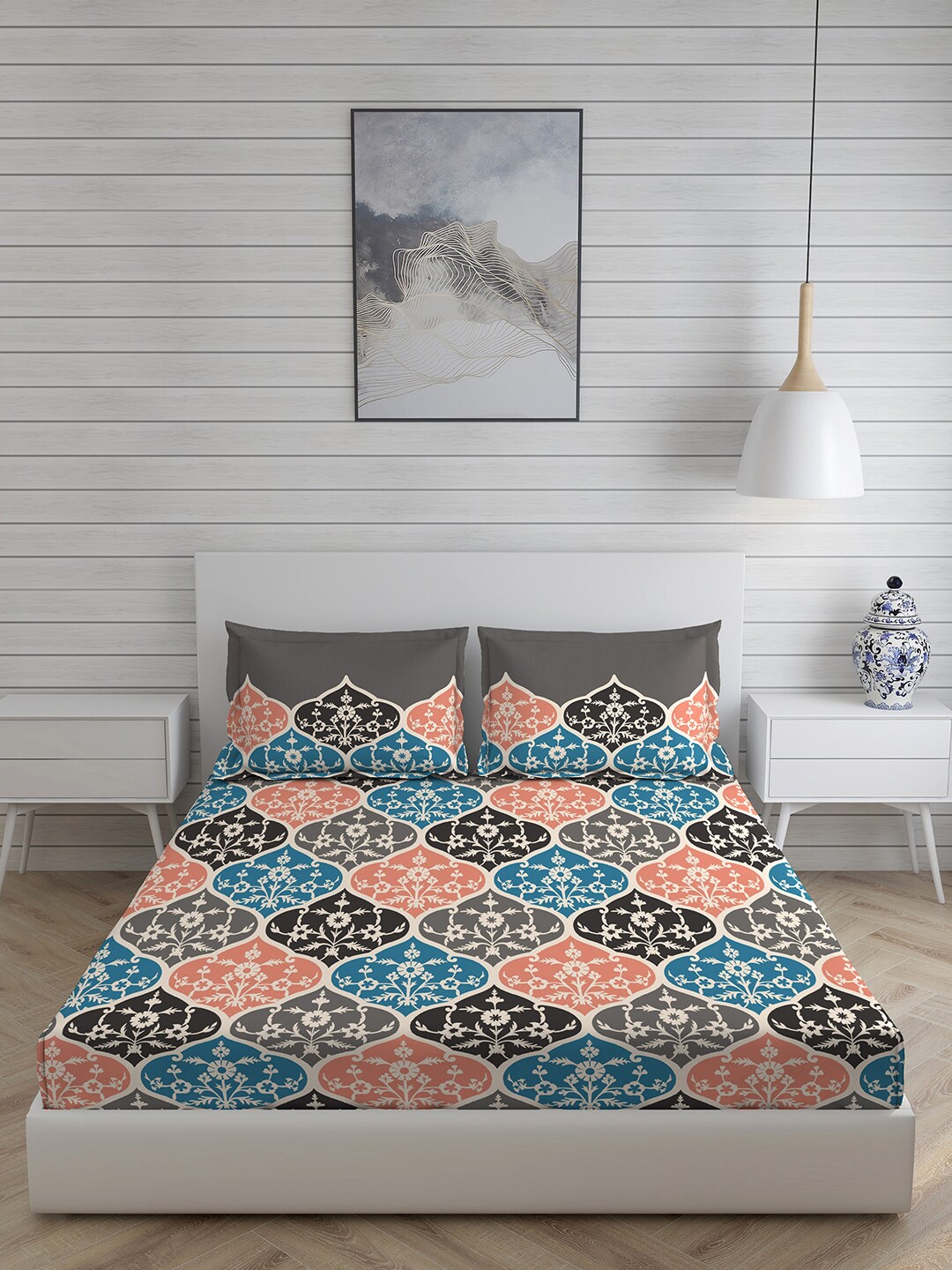 

Layers Ethnic Motifs 110 TC Cotton Queen Bedsheet with 2 Pillow Covers, Grey