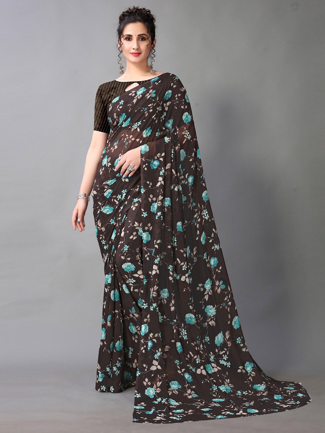 

HRITIKA Black & Blue Floral Pure Georgette Saree