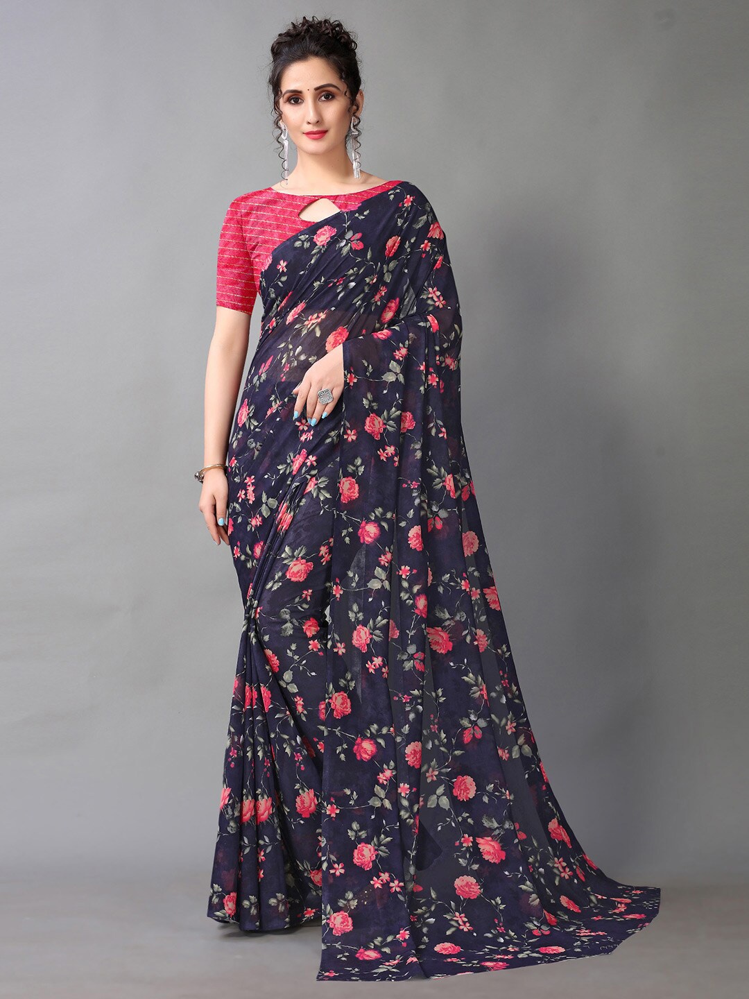 HRITIKA Blue & Red Floral Pure Georgette Saree