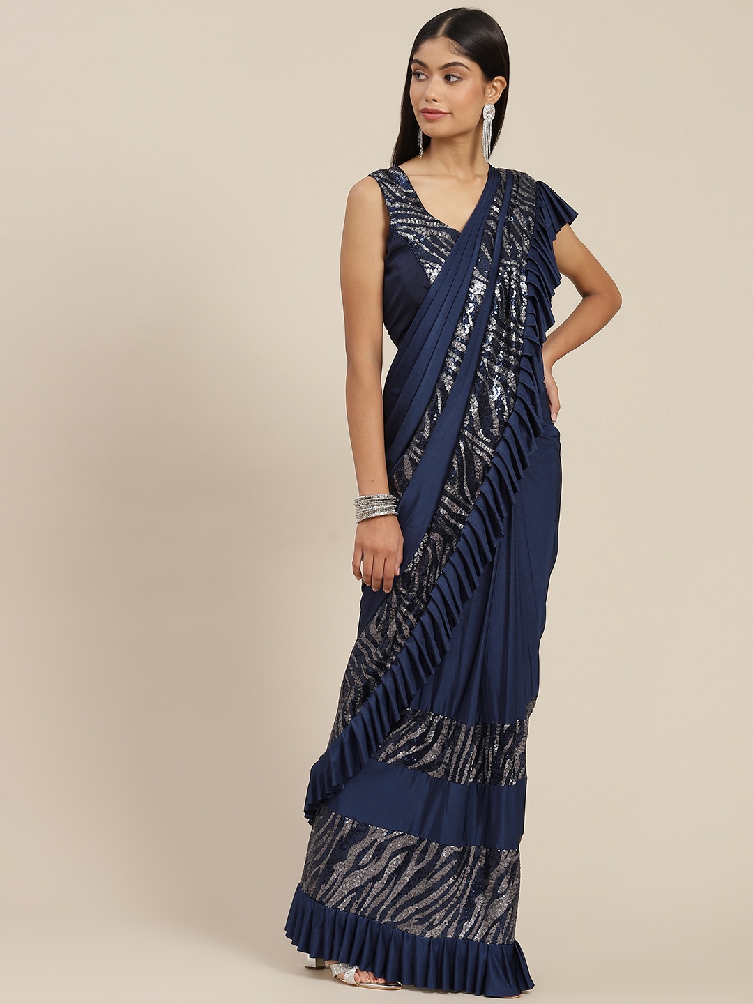 

Mitera Navy Blue & Gold-Toned Embellished Sequinned Ready to Wear Leheriya Saree
