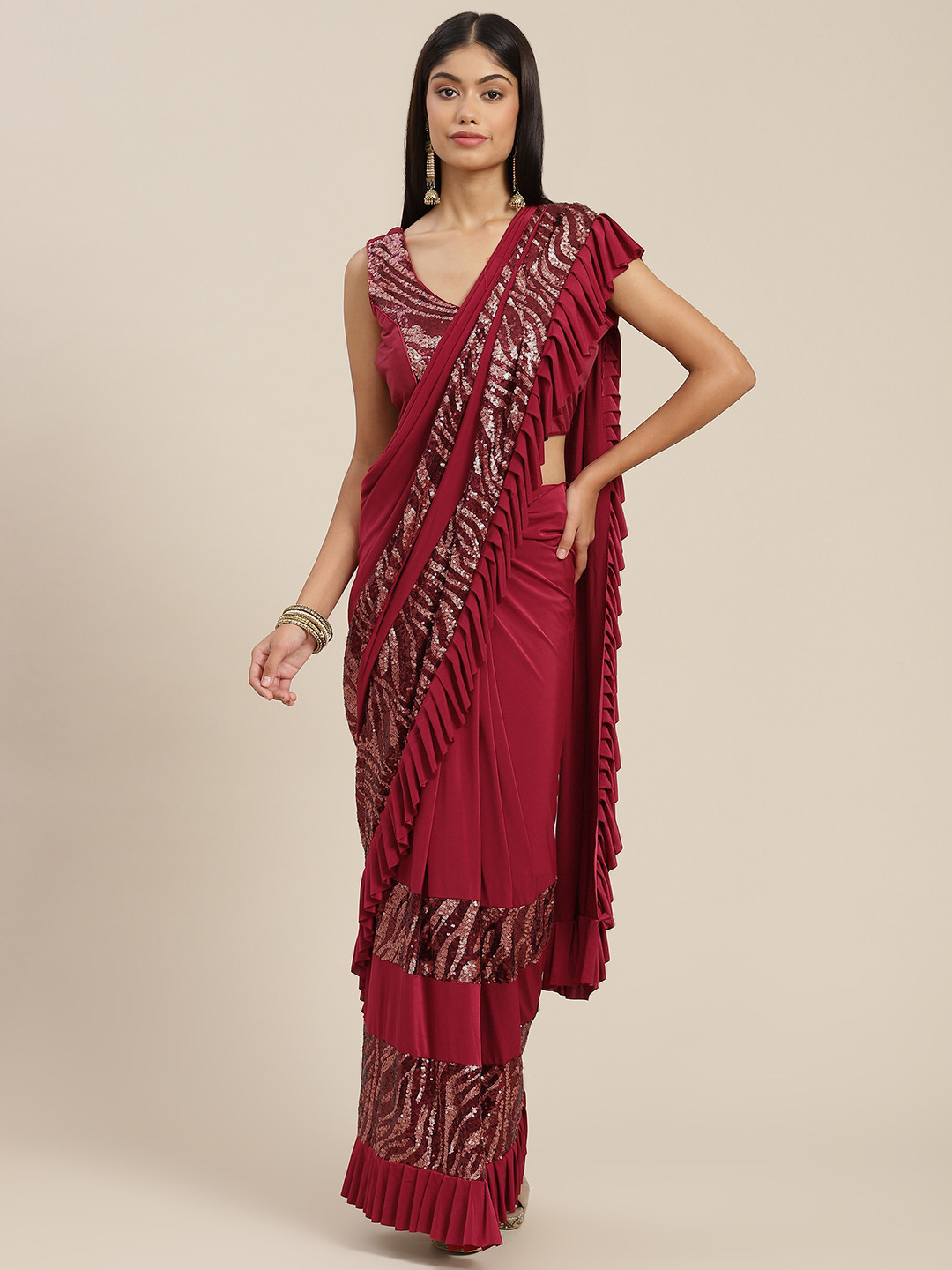 

Mitera Maroon Embellished Sequinned Ready to Wear Leheriya Saree