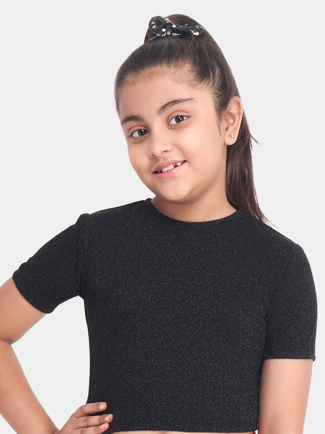 

YK Girls Black Shimmer Short Sleeves Party Crop Top