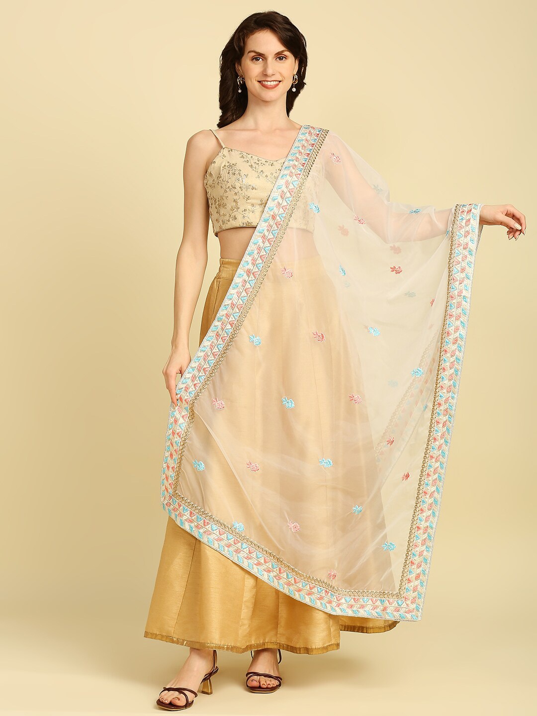 

Dupatta Bazaar Embroidered Organza Dupatta with Thread Work, Cream